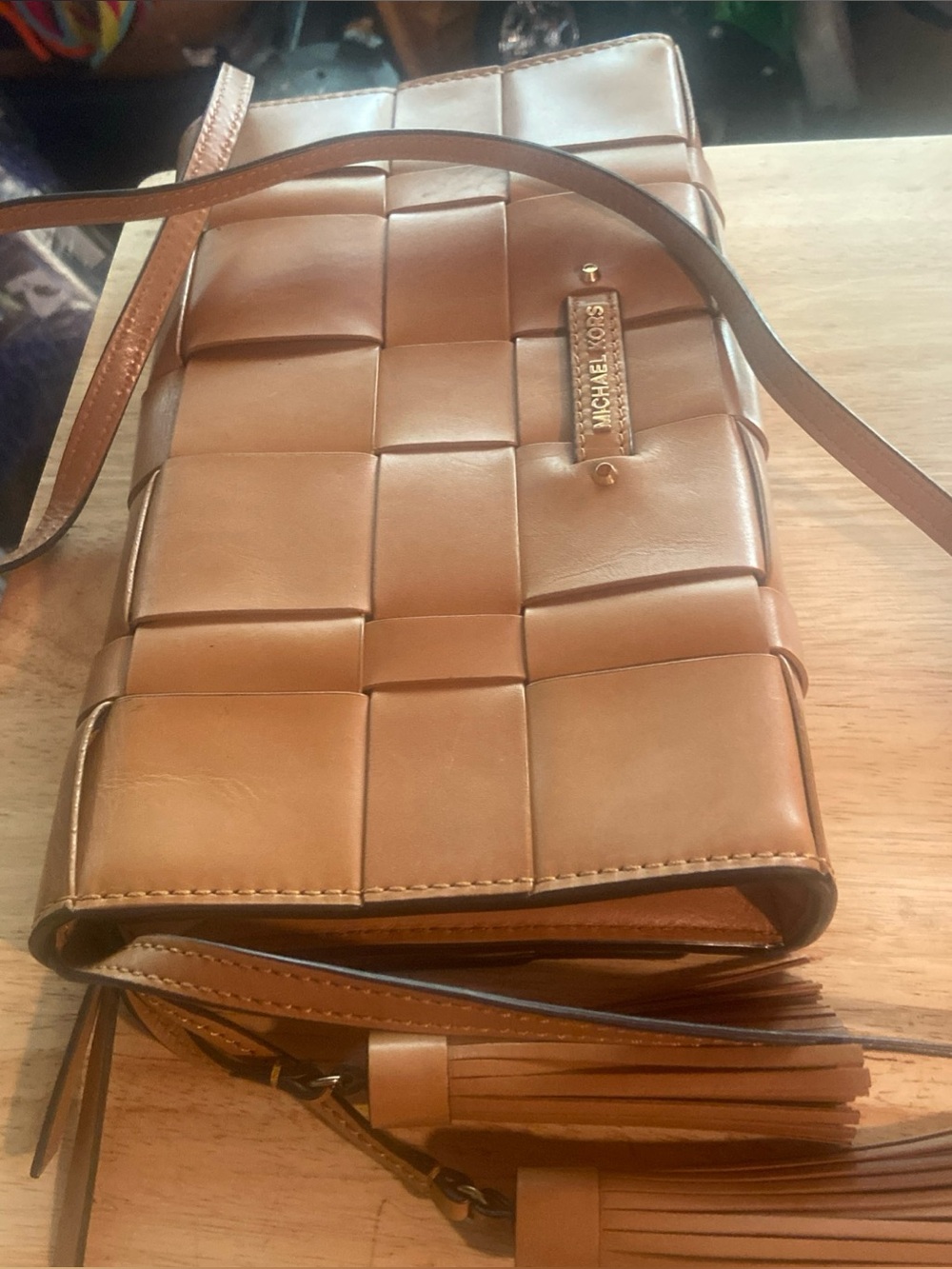 Michael Kors Women's Vivian Handbag Purse Camel Leather Woven Clutch Crossbody